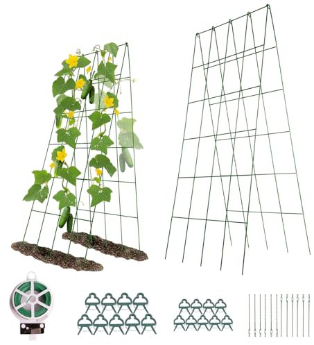 Lot de 2 treillis pliables pour concombre avec cadre en métal avec clips de support pour plantes, attaches torsadées en plastique, accessoires de jardin pour plantes grimpantes, légumes (80 x 100 cm