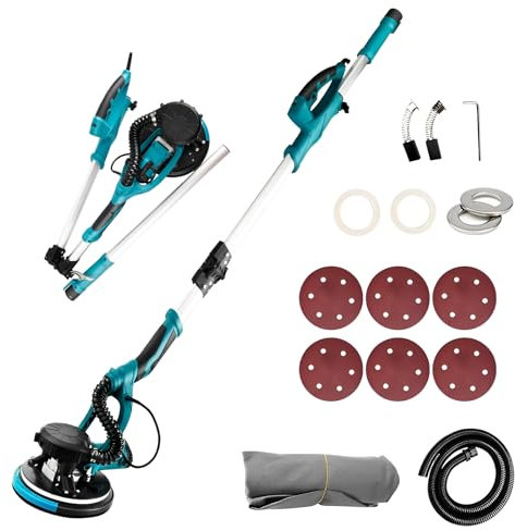 Levigatrice per Muro 850W, Levigatrice per Cartongesso Pieghevole Con Aspirazione Polvere, 5 Velocità Variabili 800-1800RPM, Levigatrice Muro Soffitt con sistema di aspirazione, Ø 215 mm, Luce LED
