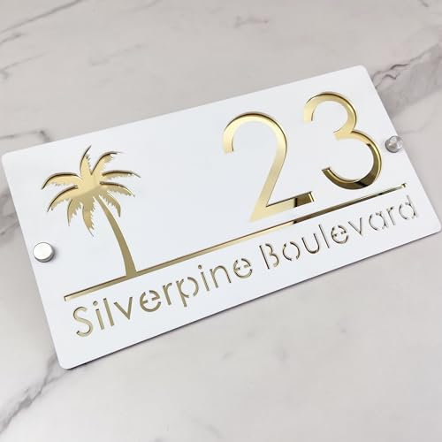 Plaque d'adresse personnalisée - Numéro de maison 3D en acrylique - Découpe au laser - Design moderne avec effet flottant et arbre de vie - Pour maison, hôtel et appartement - Or blanc