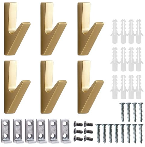 Qwrqwr Lot de 6 patères dorées - Panneaux acoustiques - Crochets muraux pour salles de bains, cuisines, halls et couloirs (doré)