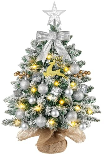 N&T NIETING Mini Weihnachtsbaum, 61CM Tischplatte Baum mit Stern Ornamente, Künstliche Weihnachtsbaum mit Schnee für Home Office Desktop Party Indoor Weihnachtsdekorationen (Schnee Grün)