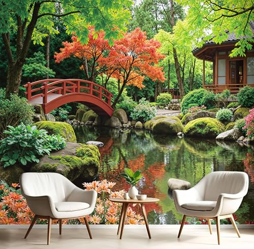 Fototapete Premium-Seide Japanischer Garten 250X175Cm - Fototapete Schlafzimmer Wohnzimmer Moderne Salbeigrün Tapete Xxl Wandtapete Motivtapeten 3D Effekt Wandbilder - Naturpflanzen