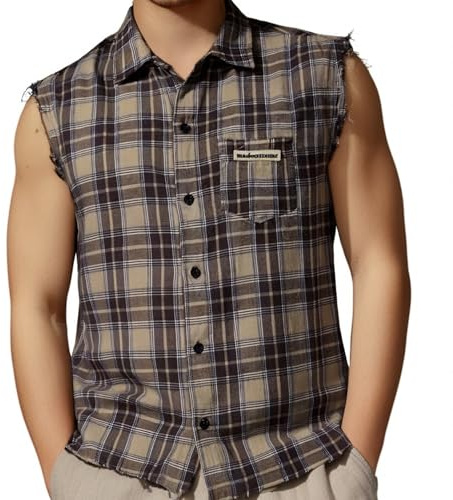 Foweknow Chemise à carreaux pour homme - Sans manches - T-shirt d'été à bretelles - Revers boutonné - Chemise de bûcheron - Chemise traditionnelle - Avec boutonnière - Chemise tendance pour homme