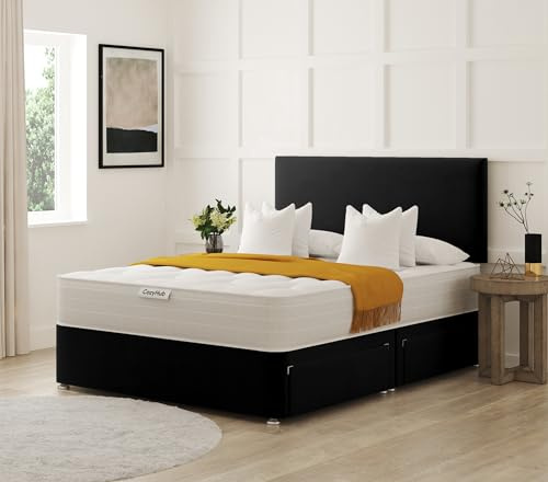 COZY HUB LTD Plain Plush Velvet Divan Bed with 10 Inch Ortho Tufted Mattress & Headboard – Luxury Divan Set with Drawer Storage Options. (Black, 3Ft- No Drawers)