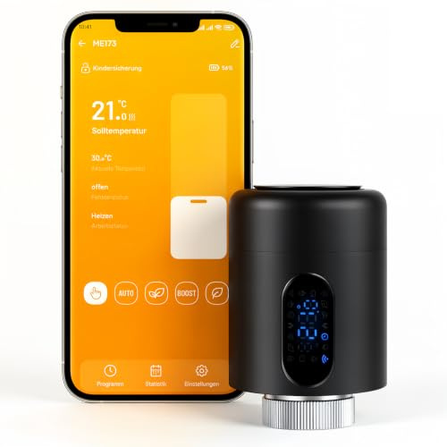 Jaxguom Heizkörperthermostat, 7 Adapter, Fenstererkennung, Schwarz, 4 Stück | 2,4-GHz-WLAN ohne Hub, Smart Life/Tuya App, 5-35 °C, Wochenprogramm, Boost/Eco, Kindersicherung, flammhemmendes PC/ABS
