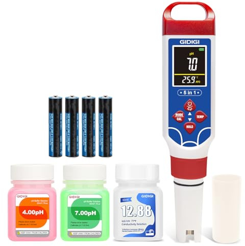 GIDIGI Medidor pH Piscina 5 en 1 Medidor de Salinidad con ATC | Medidor TDS EC para Agua Potable Medidor Sal Piscina Portátil Comprobador Salinidad para Pecera Acuarios Spa,con Reinicio pH