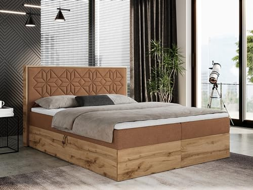 MKS MEBLE Boxspringbett 200x200 cm mit Bettkasten und Kopfteil, Polsterbett mit Matratze H4 und Topper Visco, Boxspringbett mit Massivholz - Nessi - Orange Strukture