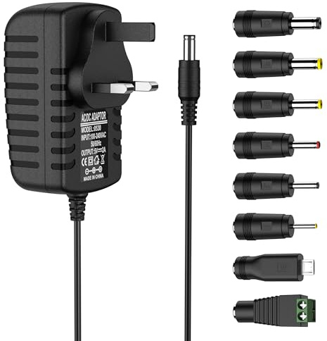 5V 2A DC Power Supply UK Plug AC Adapter with 8 DC Plug Tips, Converter Driver AC 100-240V Supply to 5V,Converter Adapter Transformer for CCTV Camera, USB 3.0 HUB, LED Lights