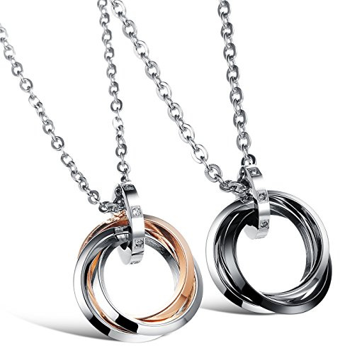 Kim Johanson Pärchen Halsketten Love für verliebte aus Edelstahl mit drei filigranen Ringen & Zirkonia Steinchen inkl. Schmuckbeutel