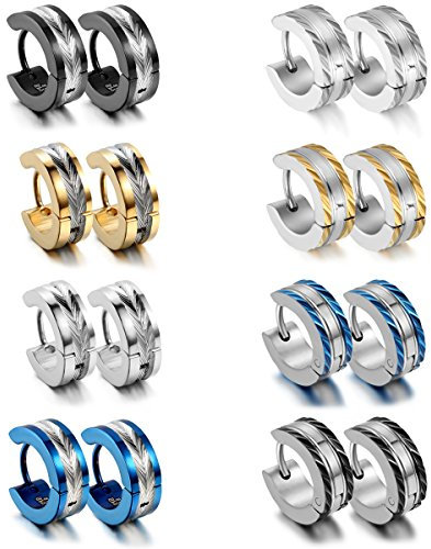 Aroncent 8 Paare Herren Creolen, klassische Edelstahl Ohrringe Ohrhänger Ohrstecker, Schwarz Gold Silber Blau