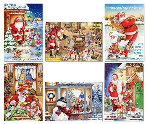 Schaulade 6 Weihnachtsmann Weihnachtskarten mit Umschlag Set. Doppelkarten Klappkarten mit Briefumschlag. Weihnachtspostkarten Nostalgie Weihnachten Karte Postkarte