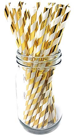 Picture Perfect Party Premium Paper Straws [Pack of 25 Drinking Straws] (Metallic Gold Stripes)