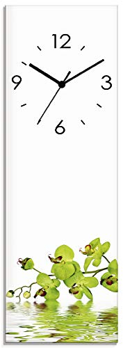 ARTLAND Wanddeko Wanduhr ohne Tickgeräusche Glas Funkuhr 20x60 cm Rechteckig Lautlos Blumen Orchidee Natur Design Blätter Modern T5OW