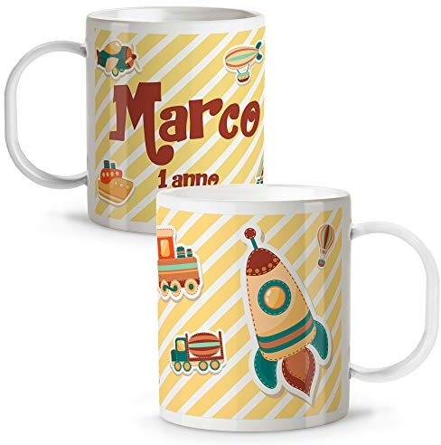 Tazza Colazione Bambini Personalizzata con Nome. Ritorno a Scuola. Plastica. Vari Disegni. Razzo