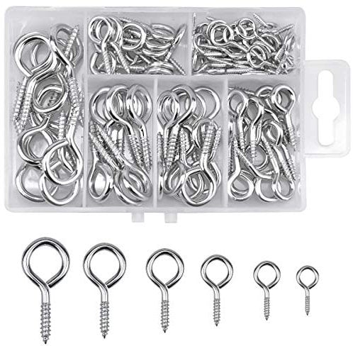 100pcs Screw in Eyes Hooks, Eyelets Hooks for Wood, Eye Bolts Screw in Rings, Metal Eye Screw Hooks with Storage Box for Outdoor Indoor DIY Craft Projects Hanging Ornament, 6 Mixed Sizes Silver