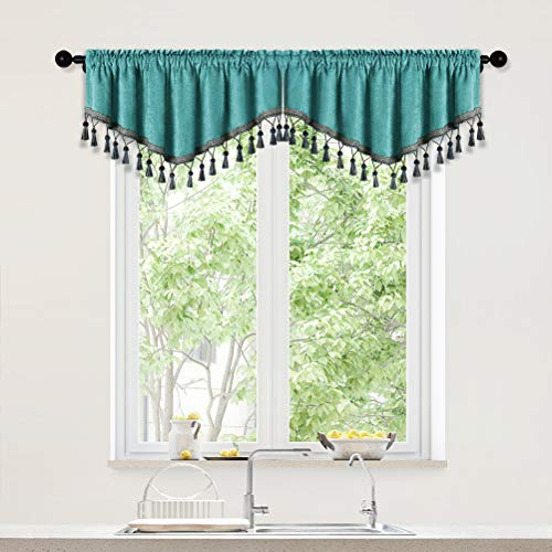 Doppelseitige Chenille-Fenstervorhänge, Etagen für Küche, türkis, Ascot-Volant für Wohnzimmer, 2 Stück (türkis, 132,1 cm B x 45,7 cm L)