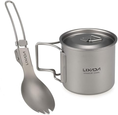 Lixada Kochgeschirr-Set, 300 ml/350 ml/550 ml/650 ml, ultraleichter Titanbecher mit Abendessen, faltbar, Spork, Geschirr für Camping, Wandern, Wandern