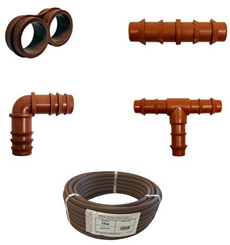 Pack RIEGO Tubería Lisa Marrón 16MM 100m + Accesorios de Goteo 16MM: 50 te + 50 Codo + 50 Enlace + 10 estrangulador. Color Marrón. Marca Riegopro