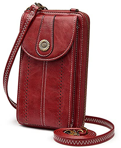 S-ZONE Damen Handy Umhängetasche PU Leder RFID Blockierung Vintage Handytasche mit Geldbörse zum Umhängen mit Kartenfächer Verstellbar Abnehmbar Schultergurt für Handy unter 6,7