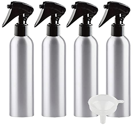 ZEOABSY 4 Pezzi Vuoto 250ml Spruzzino con Flacone in Alluminio, Spruzzatore per Acqua in Alluminio, Bottiglia con Erogatore Spray Nero per Parrucchieri, Giardino, Casa + 1 Pezzi Imbuto