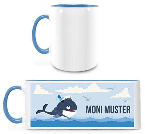 Manutextur Tasse mit Namen - personalisiert - Motiv Wal - viele Farben & Motive - weiß/hellblau - persönliches Geschenk mit Wunsch-Motiv und Wunsch-Name
