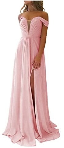 N/ C C012 Robe de demoiselle d'honneur longue à épaules dénudées avec fente en mousseline de soie plissée avec poches, rose clair, 36
