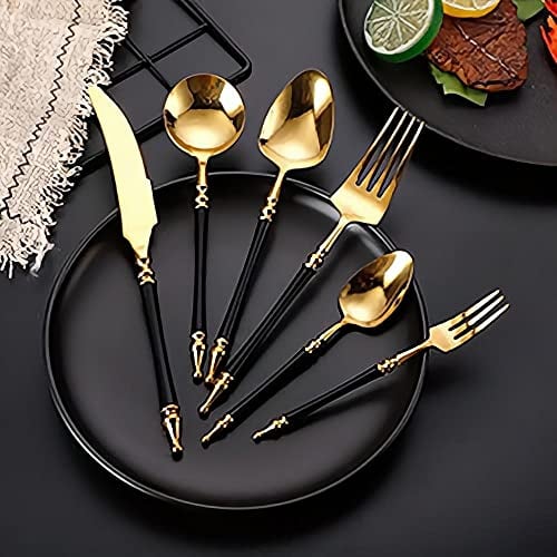 Cubiertos de acero inoxidable 304 de alto grado – Juego de 6 piezas, cuchillo de carne, tenedor y cuchara (negro y dorado)