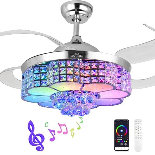 BAYSQUIRREL Retractable Crystal Ceiling Fan with Light, Remote and APP Control, 6 Speeds Reversible Blades, 3-Color LED Dimmable Chandelier Ceiling Fan with Color Temperature Memory 36W 42in