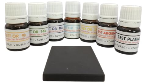 Test Gold - Kit 7 per testare i metalli! Determina il titolo dei tuoi gioielli in Oro (9k, 14k, 18k, 19,2k, 24k). + Test Platinum & Argento! Pietra di tocco in omaggio, Vetro