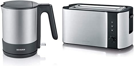 SEVERIN Wasserkocher, kompakt und leistungsstarker Wasserkocher in hochwertigem Design, Kalkfilter, Edelstahl-gebürstet-schwarz, Kunststoff, 1,7 L, WK 3409
