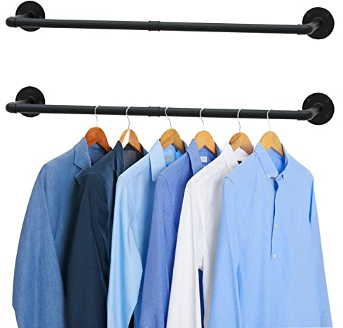 Urban Deco Industrial Pipe Clothes Rack 36.2” Inches Wall Mounted Clothes Rail For Bedroom Heavy Duty Detachable Wardrobe Rail Vintage Iron Garment Bar With 2 Base (Holds Up To 45 KG)-2 Packs