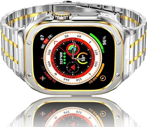 HASLFM Armband mit Gehäuse Kompatibel für Apple Watch Ultra/Ultra 2(49mm), Robustes Ersatzband und Edelstahl Metall iWatch 49mm Armband für Männer, Silber-Gold