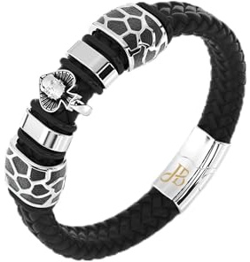 Jewellbox Geflochtenes Lederarmband für Herren, Motiv: Grim Skull Totenkopf, schwarz, Luxus-Geschenkideen, 21 cm