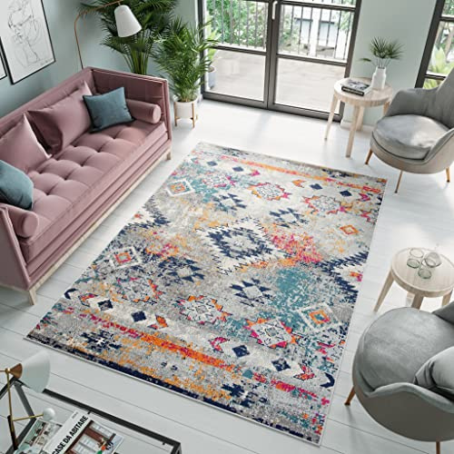 TAPISO Denver Teppich Kurzflor Blau Grau Orange Bunt Figuren Streifen Geometrisch Schlafzimmer Wohnzimmer Büro Modern Design ÖKOTEX 240 x 330 cm