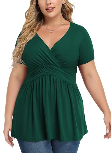TIANZHU Plus Size Short Sleeve Blouse Elegant Wrap Shirt V-Neck Empire Waist Cute Tunic for Women Casual and Work, Dark Green, Size 18-20