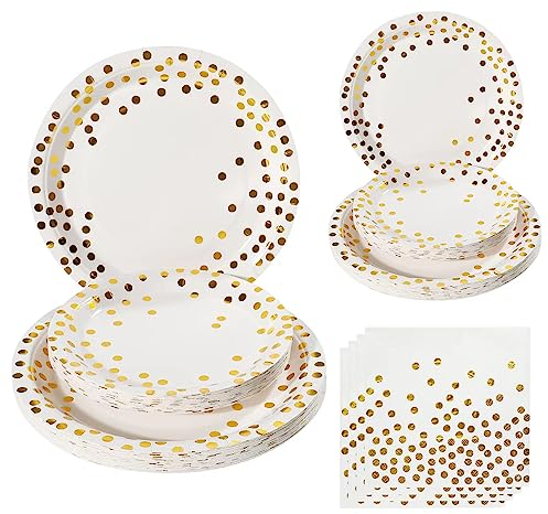hpnparty Vajilla de fiesta Happy Birthday, juego de platos de papel blanco y dorado para 25 invitados, vajilla de fiesta de cumpleaños, platos para fiestas, fiestas de cumpleaños, 75 piezas