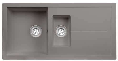 SIA DIAM15GR 1.5 Bowl Grey Composite Reversible Inset Kitchen Sink & Waste, Stain, Scratch & Heat Resistant (up to 300C), Easy to Clean, Comes with Fixing Clips