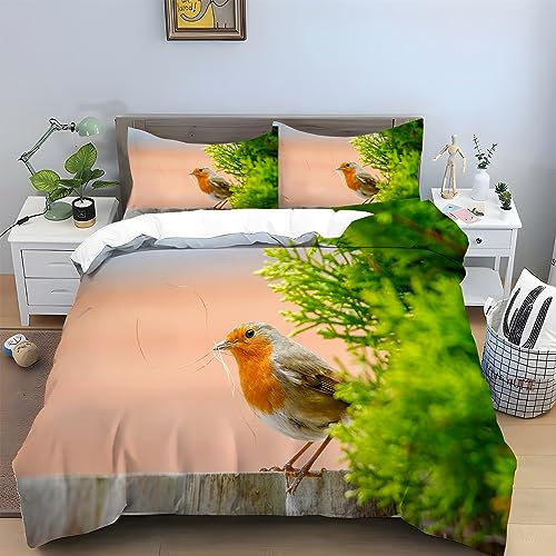 HRBK Orange Rotkehlchen Bettwäsche 200x200 Tiere Bettwäsche Set mit Reißverschluss 110gsm Mikrofaser Bequem Atmungsaktiv Bettbezug und 2 Kopfkissenbezug 80x80 cm