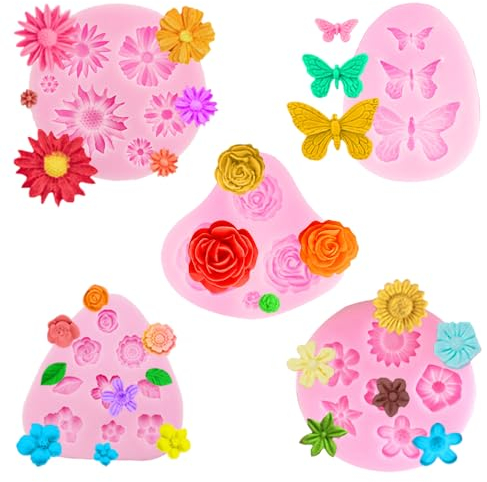 TRKETK 5 Piezas Molde de Silicona para Fondant, Chocolate Moldes 3D Molde de Flores Moldes de Flores de Margaritas Hojas Mariposas Molde para Dulces Pasteles Jabón Azúcar Cera Derretir Arcilla