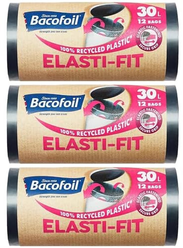 Bacofoil Elasti-Fit Bin Liners with Drawstring Handles 30L - Leak-Proof Bin Bag with Elastic Fastening for a Secure Fit (3 Rolls, 36 Bags)…