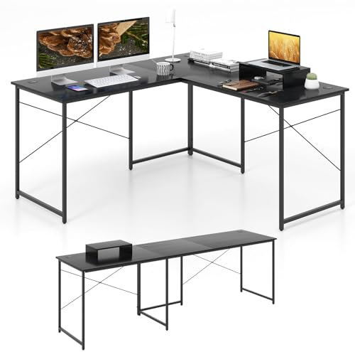 LIFEZEAL Bureau d'angle en Forme de L, 240cm Bureau d'Ordinateur Réversible avec Support d'Écran, Table PC Industriel, Poste de Travail, Gaming (Noir)