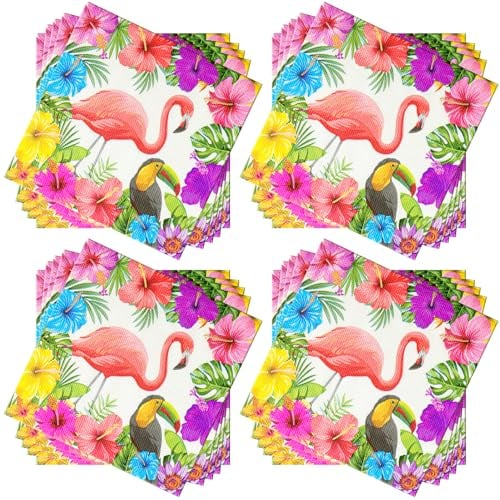 60Pieces Flamingo Disposable Beverage Colorful Flowers Summer Party Napkins Serviettes Toucan Flowers Cocktail Paper Napkins 2 Ply for Holidays Luncheon Dinner Party Birthday Supplies, 33x33 cm