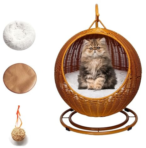 QLXYYFC Pet Cat Swing Bed Wicker Cat Bed Indoors & Outdoors, Comfortable Hanging Cat Bed for Cats, for Sleeping, Playing and Lounging Easy to Assemble (Color : Brown, Size : 43cm X 66cm)