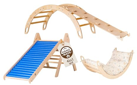 WoodsCraft 4in1 Set: Kletterdreieck mit Rutsche Indoor/Klettern Rampe, Rollenrutsche & Kletterbogen | Holz Montessori Klettergerüst Indoor Spielgeräte | Klettern Kinder Indoor & Klettern Baby