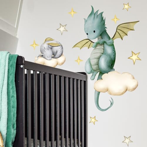 WandSticker4U®- Wandtattoo DRACHEN FREUNDE grün groß I Drache Wandaufkleber Babyzimmer Tiere Sterne Wolken I Dino Wandsticker Kinderzimmer Deko Junge Mädchen Möbel Aufkleber selbstklebend