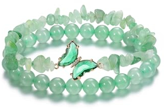 CrystalTears Grüner Aventurin Armband Set Damen Kristalle Schmetterling Anhänger Splitterarmband+ 8mm elastischer Perlenarmband Amulett Schmuck spirituelle Geschenk