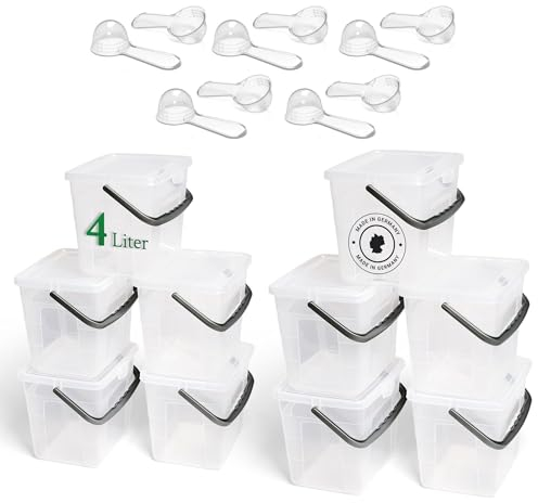 Novaliv 10 cajas de detergente con tapa, 4 litros, transparente y cuchara dosificadora, 23,5 x 18 x 18,5 cm, caja de almacenamiento con asa, depósito de detergente, recipiente para detergente y polvo