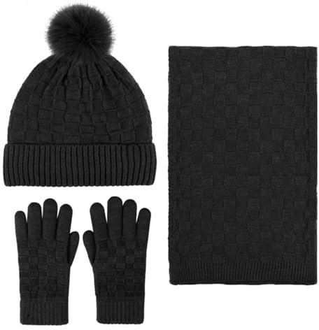 Harssidanzar Damen Winter Warm Beanie Mütze Touchscreen Handschuhe Langer Schal Kaschmir Wolle Set SL001EU,Schwarz
