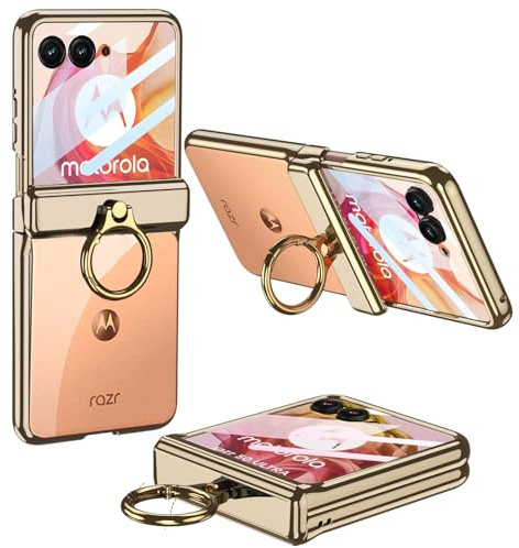 Furwabo Klare Hülle für Motorola Razr 50 Ultra mit Integriertem Displayschutz und Magnetischem Scharnierschutz & Ringständer, Transparente Beschichtung Stoßfeste Cover für Motorola Razr+ 2024 (Gold)