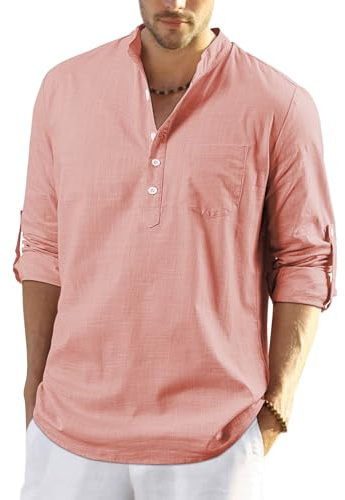 Enlision Mens Cotton Linen Shirt Long Sleeve Button Down Summer Peach Henley Shirts Casual Business Shirt Tops S